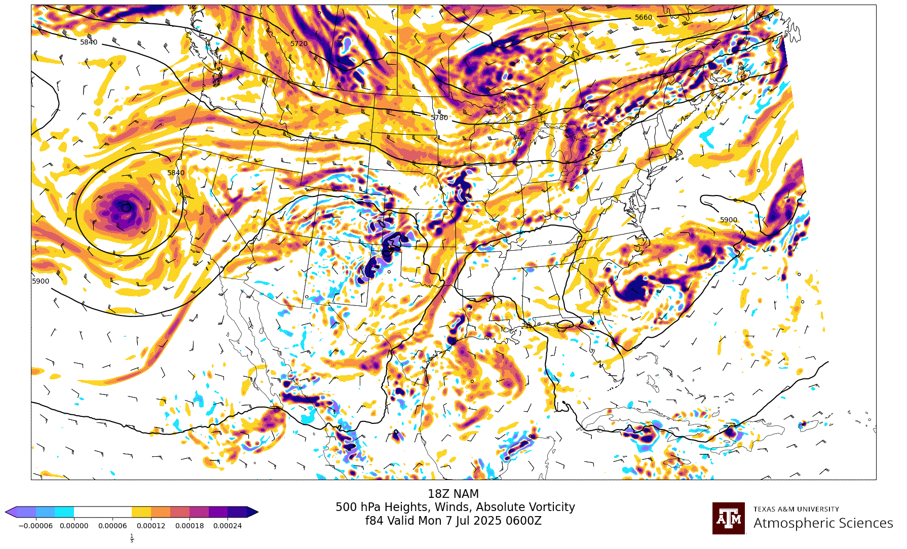 NAM 500 hPa Heights, Winds, Vorticity