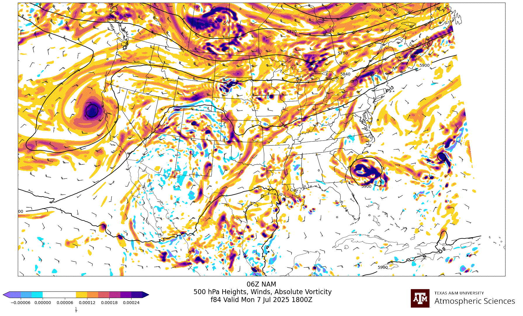 NAM 500 hPa Heights, Winds, Vorticity