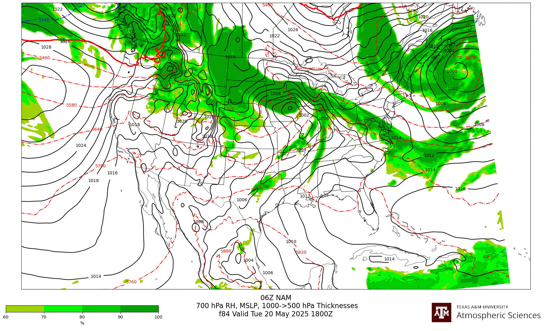 NAM 700 hPa Relative Humidity, MSLP, 1000-500 hPa Thickness