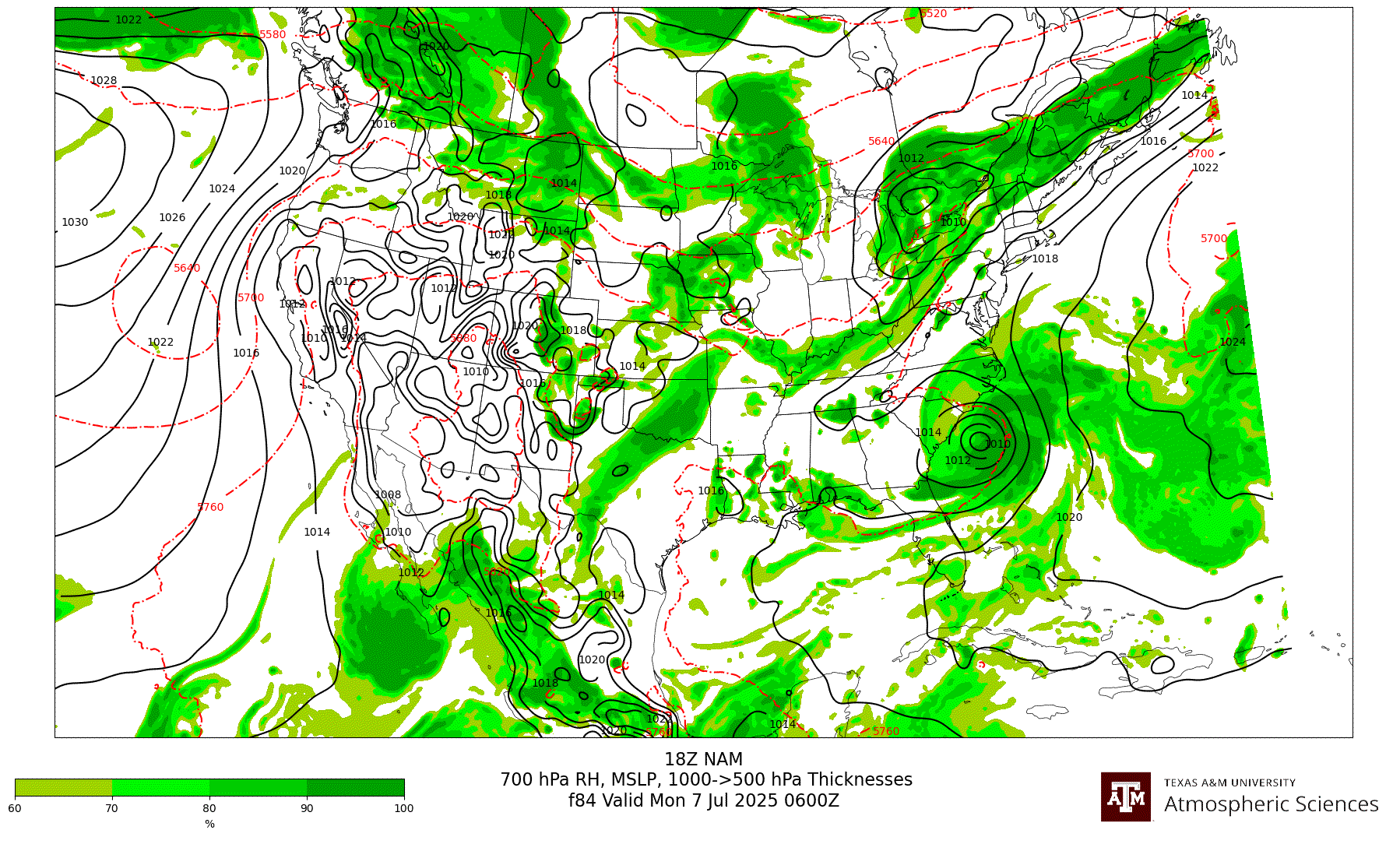 NAM 700 hPa Relative Humidity, MSLP, 1000-500 hPa Thickness