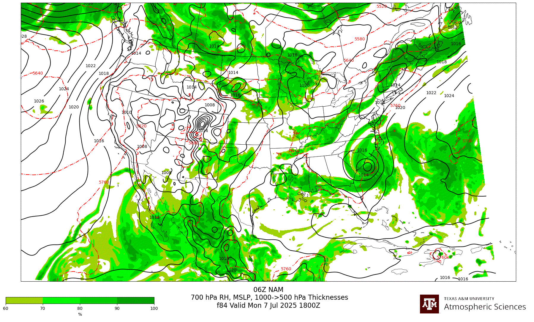 NAM 700 hPa Relative Humidity, MSLP, 1000-500 hPa Thickness