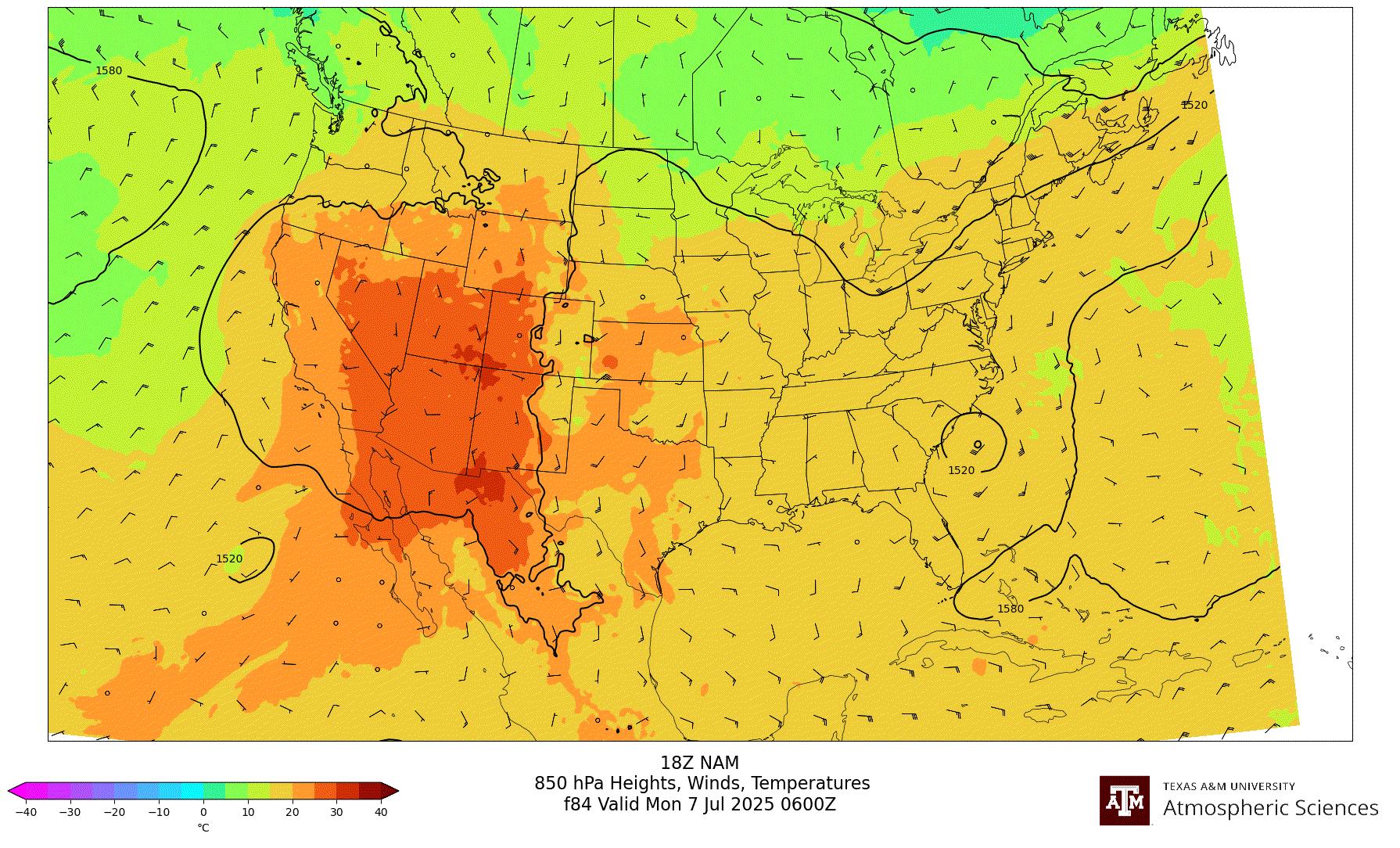 NAM 850 hPa Heights, Winds, Temperatures
