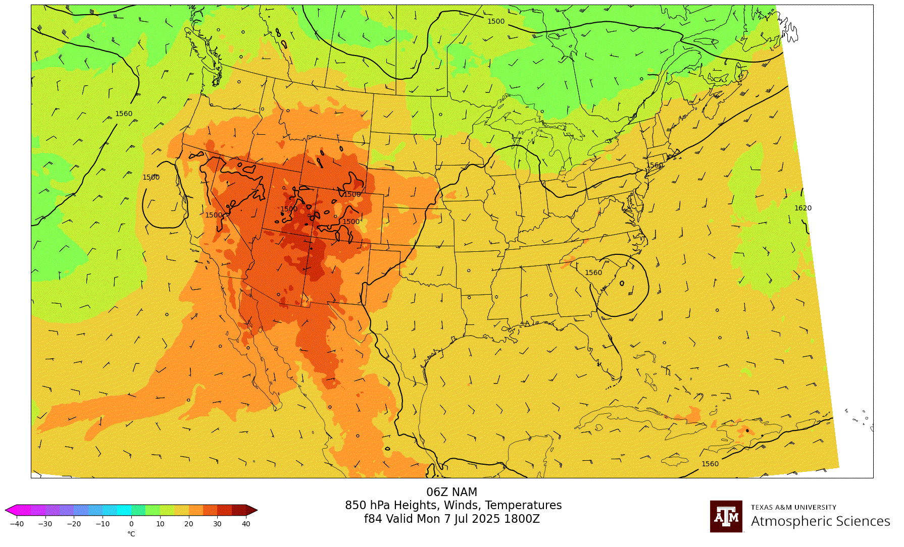 NAM 850 hPa Heights, Winds, Temperatures