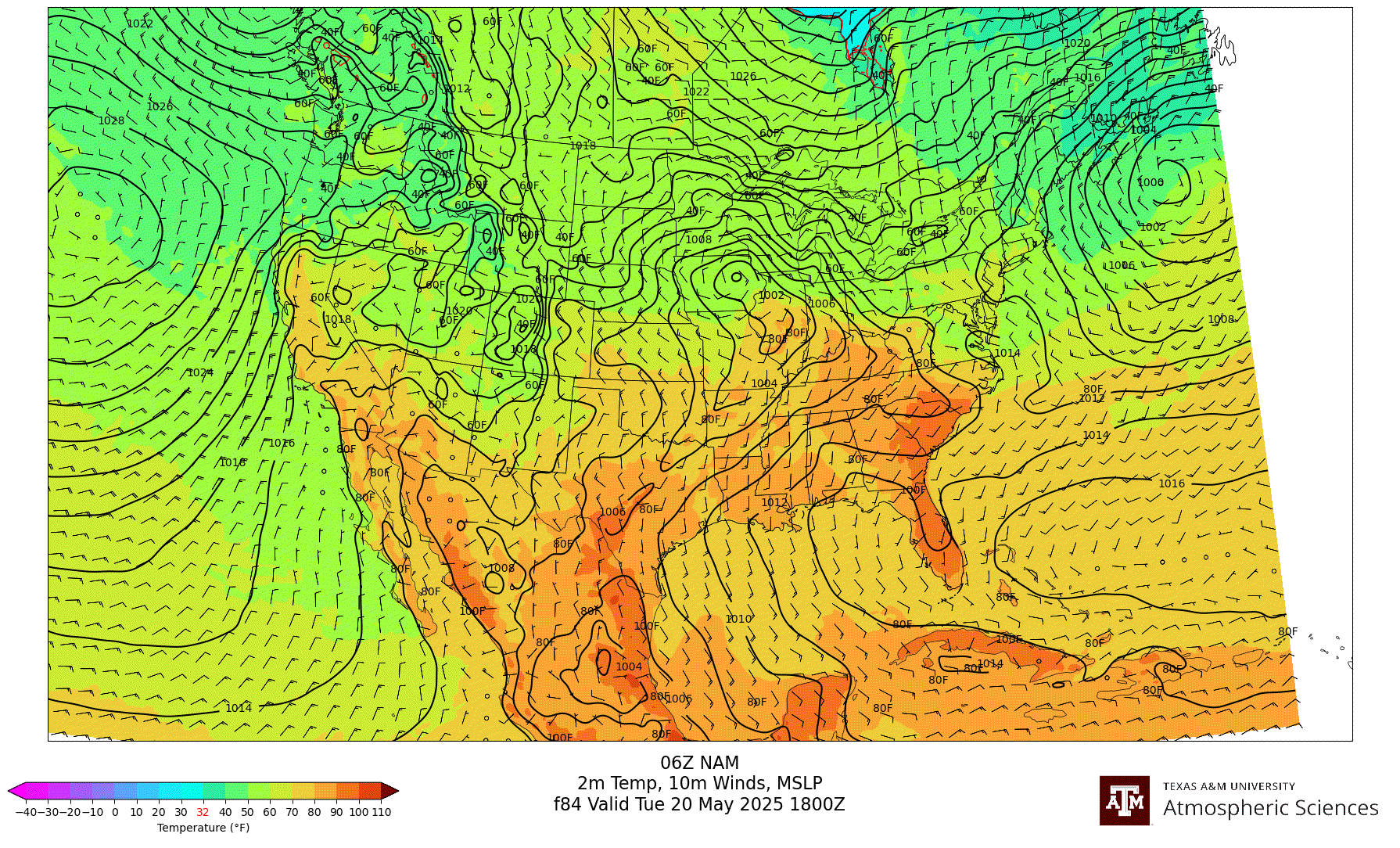 NAM 2m Temperature, 10m winds, surface MSLP