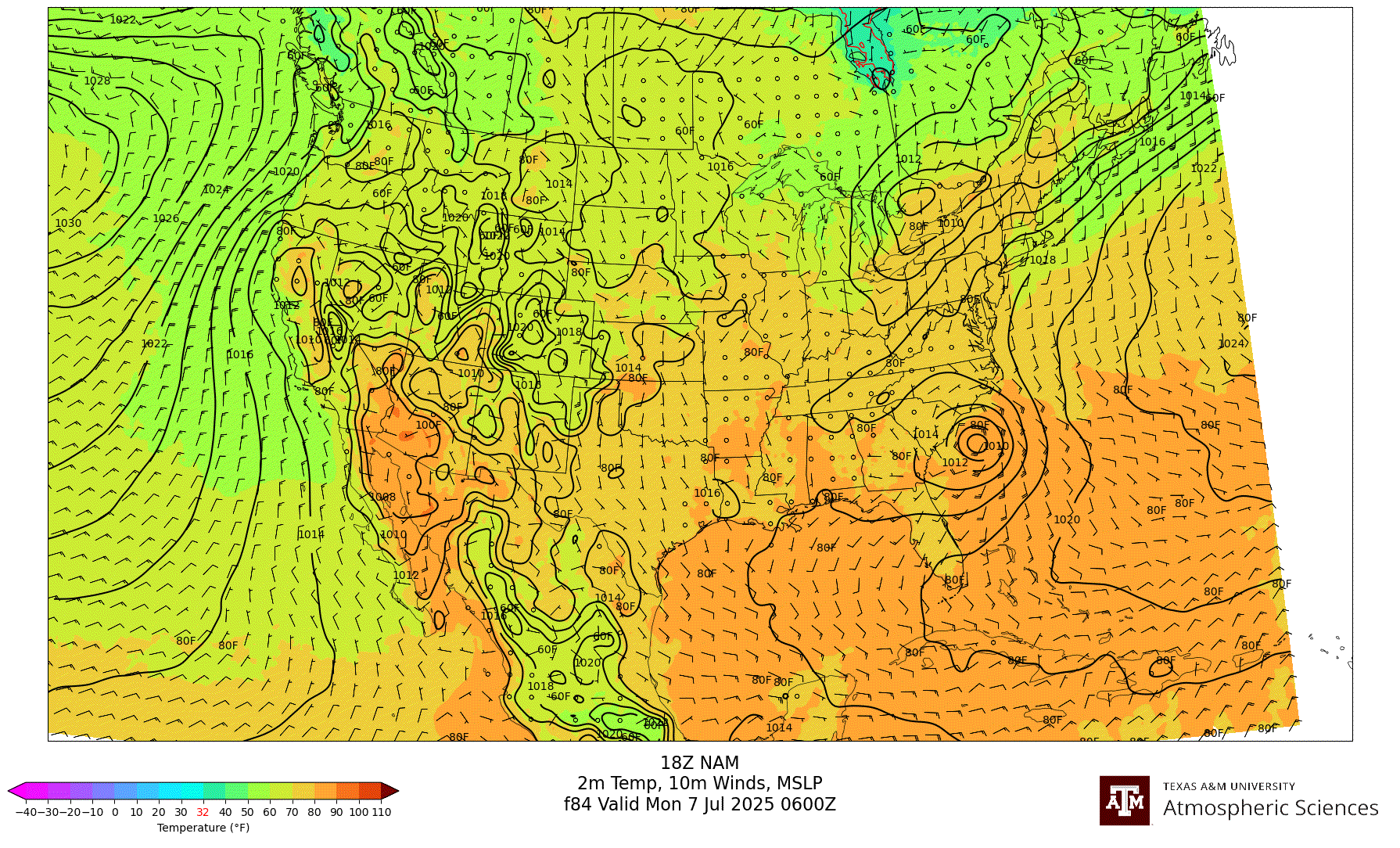 NAM 2m Temperature, 10m winds, surface MSLP