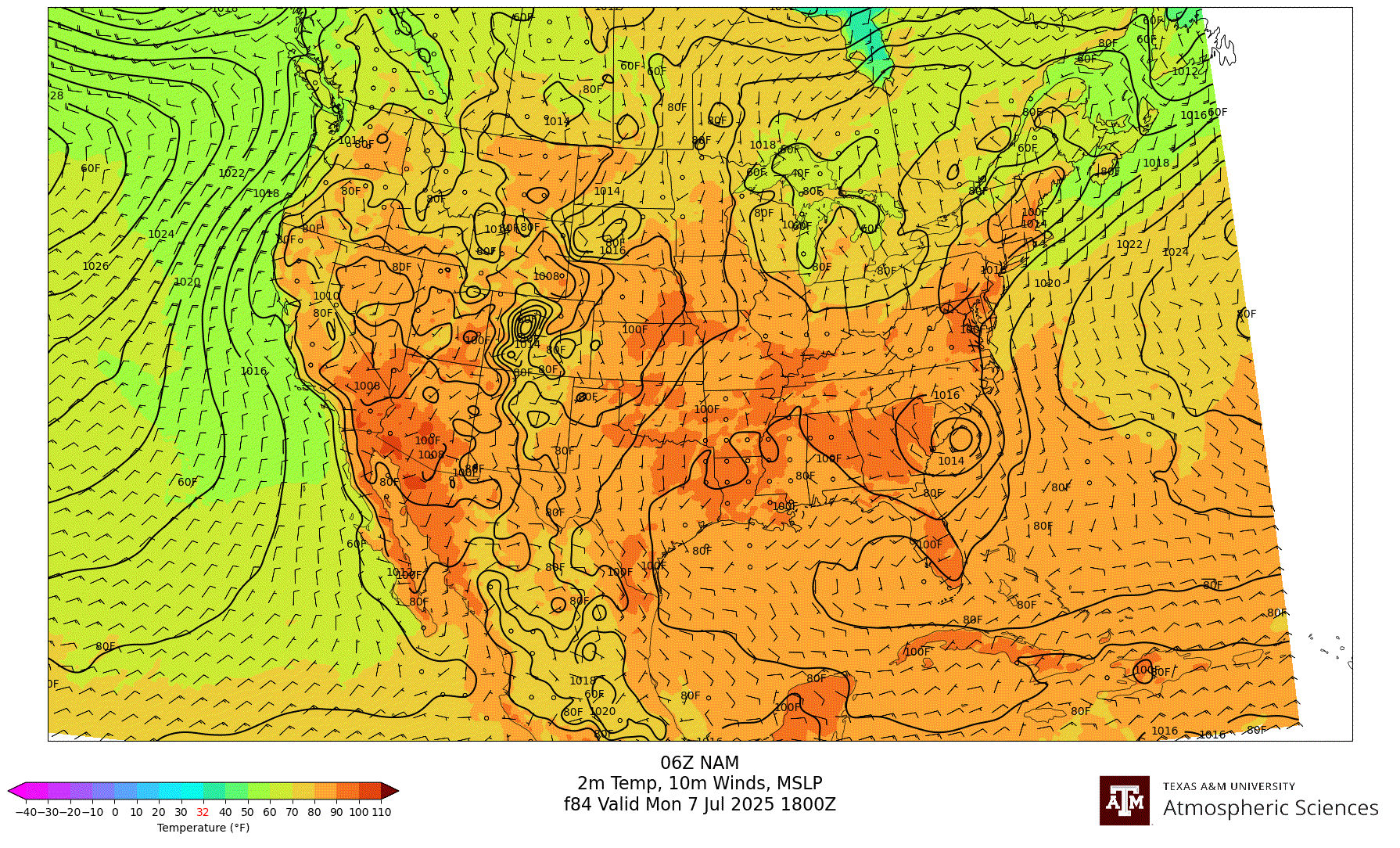 NAM 2m Temperature, 10m winds, surface MSLP