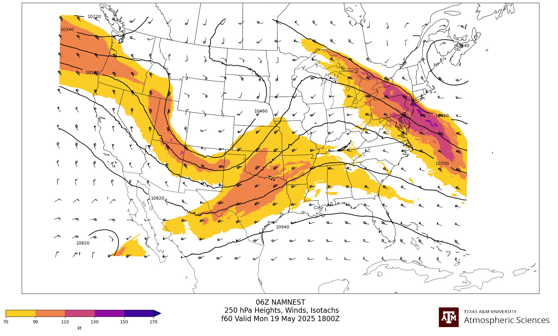 NAM NEST 250 hPa Heights, Winds, Isotachs