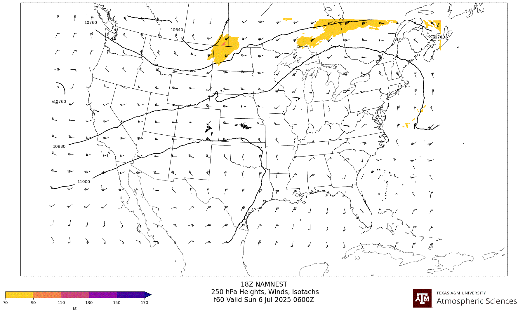 NAM NEST 250 hPa Heights, Winds, Isotachs