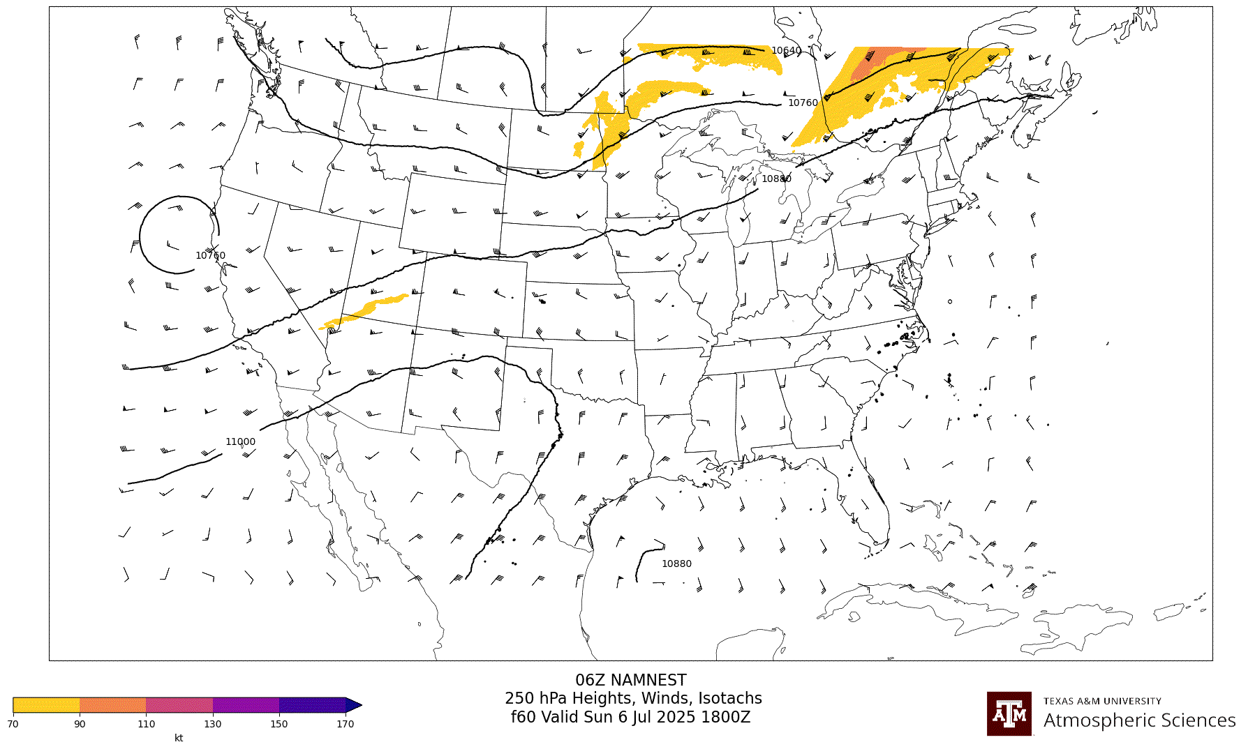 NAM NEST 250 hPa Heights, Winds, Isotachs