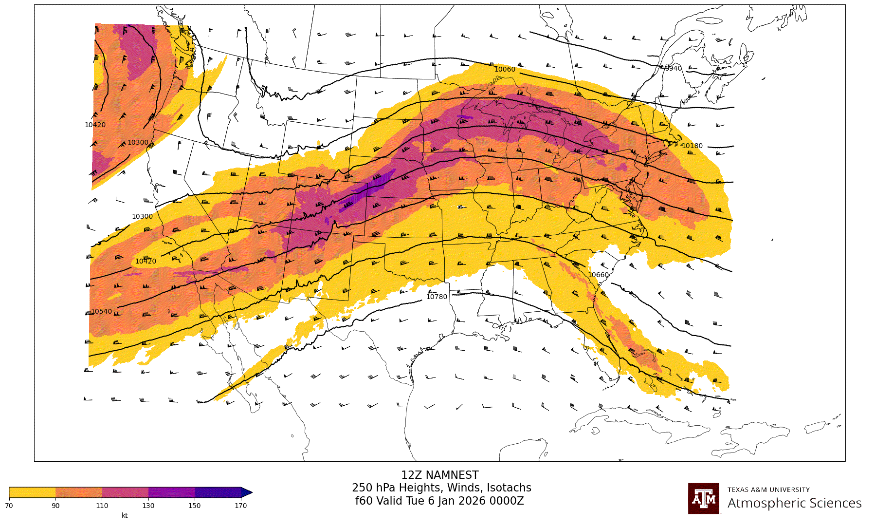 NAM NEST 250 hPa Heights, Winds, Isotachs NAM NEST 250 hPa Heights, Winds, Isotachs