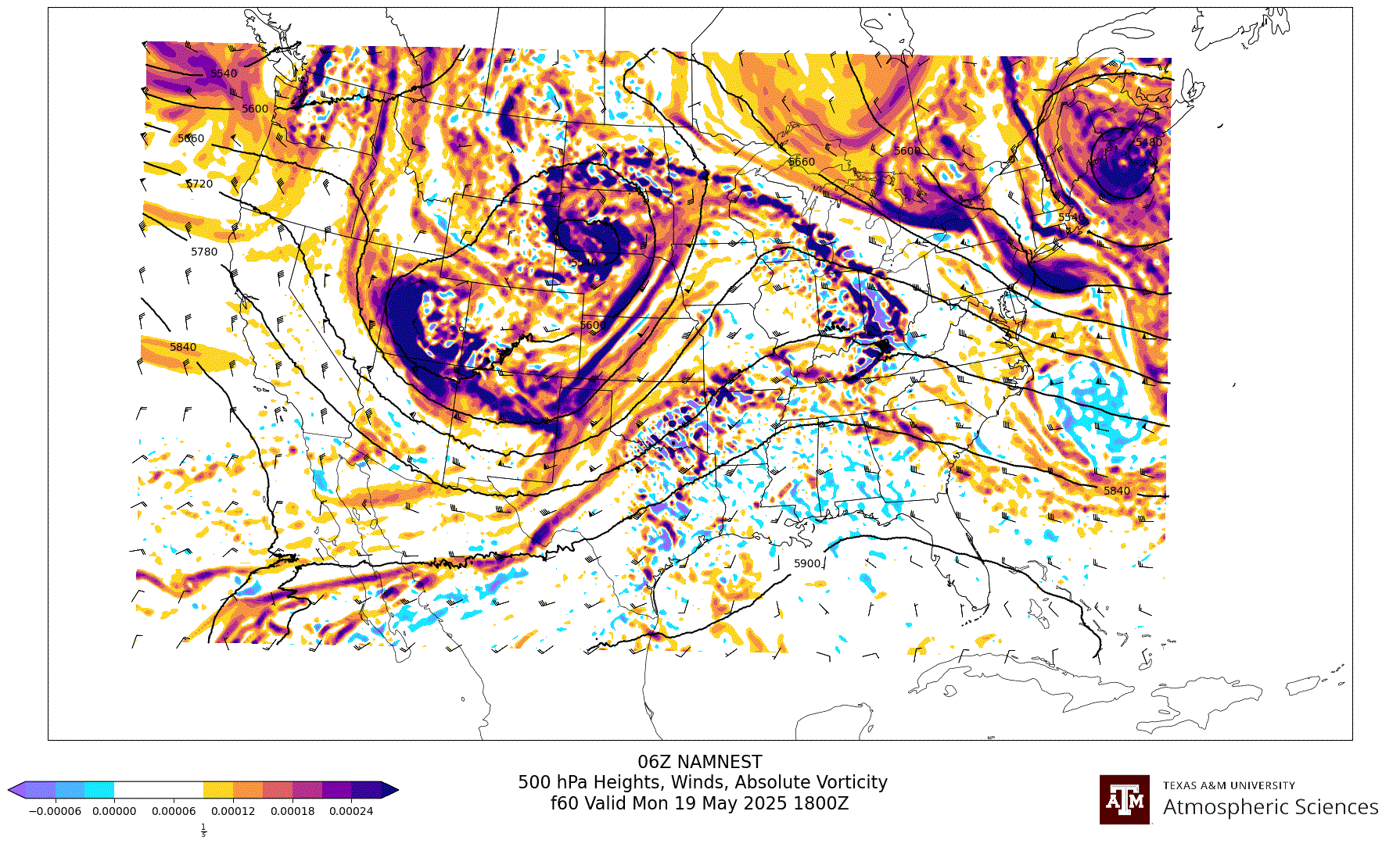 NAM NEST 500 hPa Heights, Winds, Vorticity