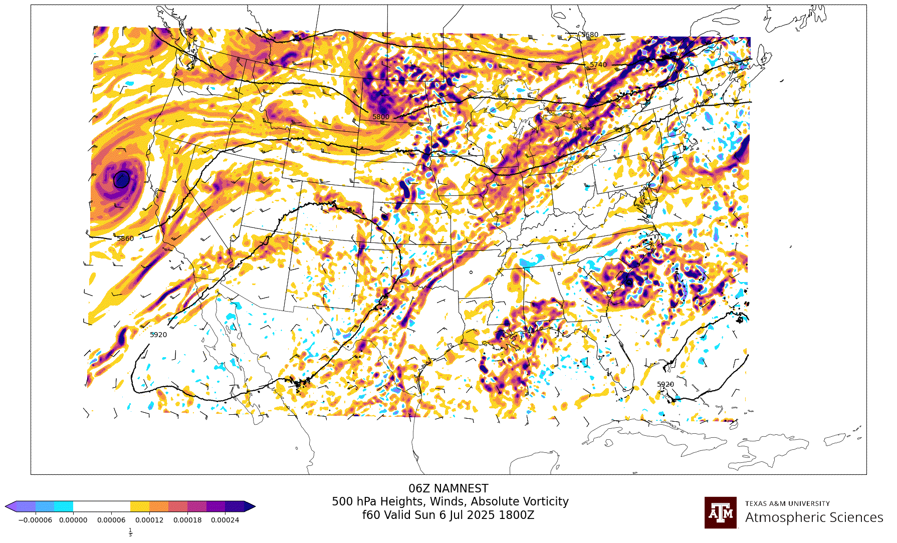 NAM NEST 500 hPa Heights, Winds, Vorticity