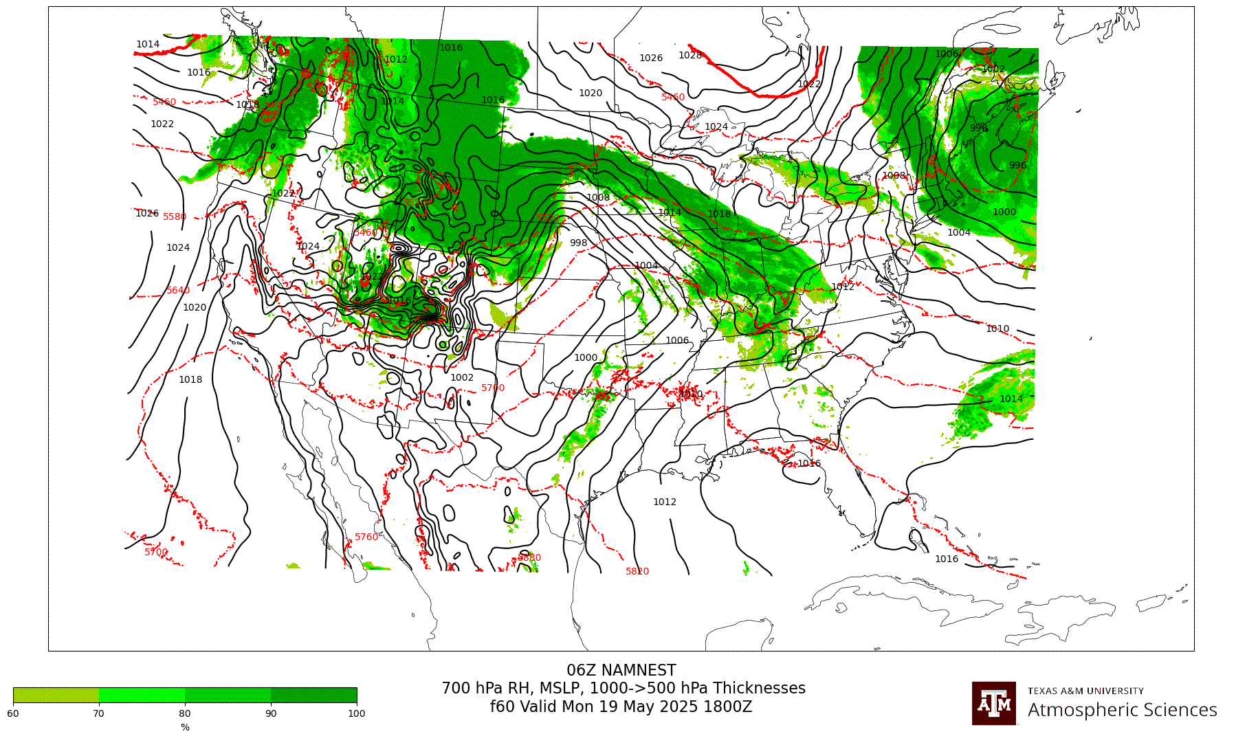 NAM NEST 700 hPa Relative Humidity, MSLP, 1000-500 hPa Thickness