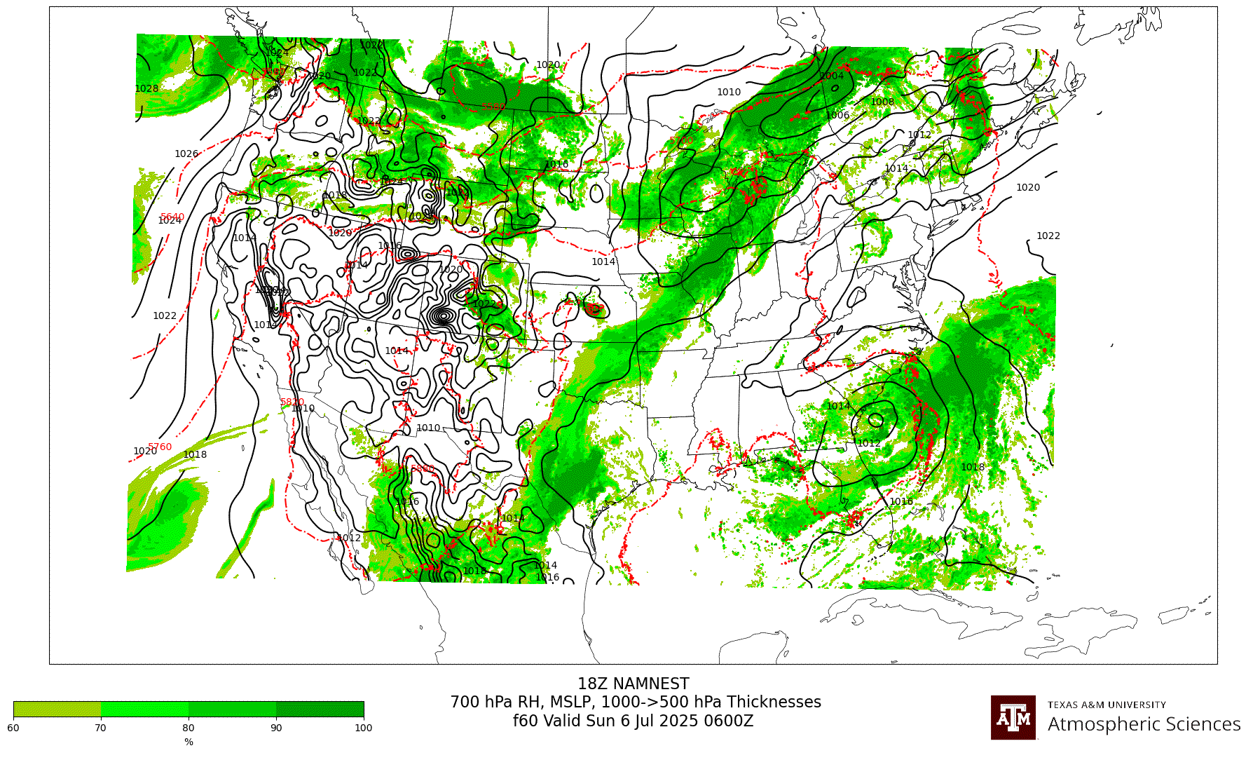NAM NEST 700 hPa Relative Humidity, MSLP, 1000-500 hPa Thickness