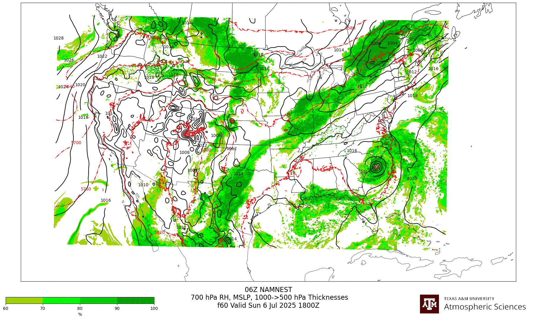 NAM NEST 700 hPa Relative Humidity, MSLP, 1000-500 hPa Thickness