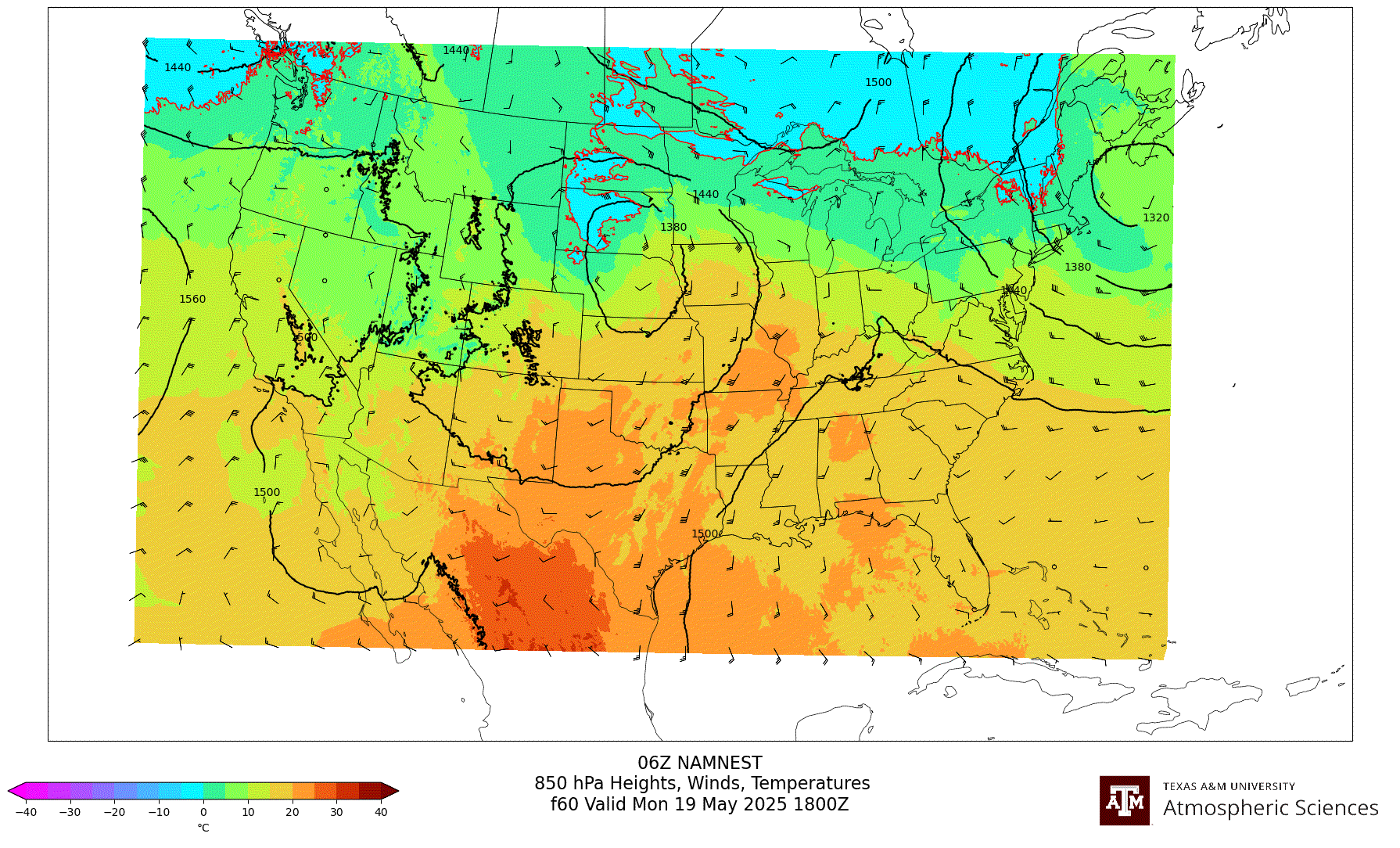 NAM NEST 850 hPa Heights, Winds, Temperatures