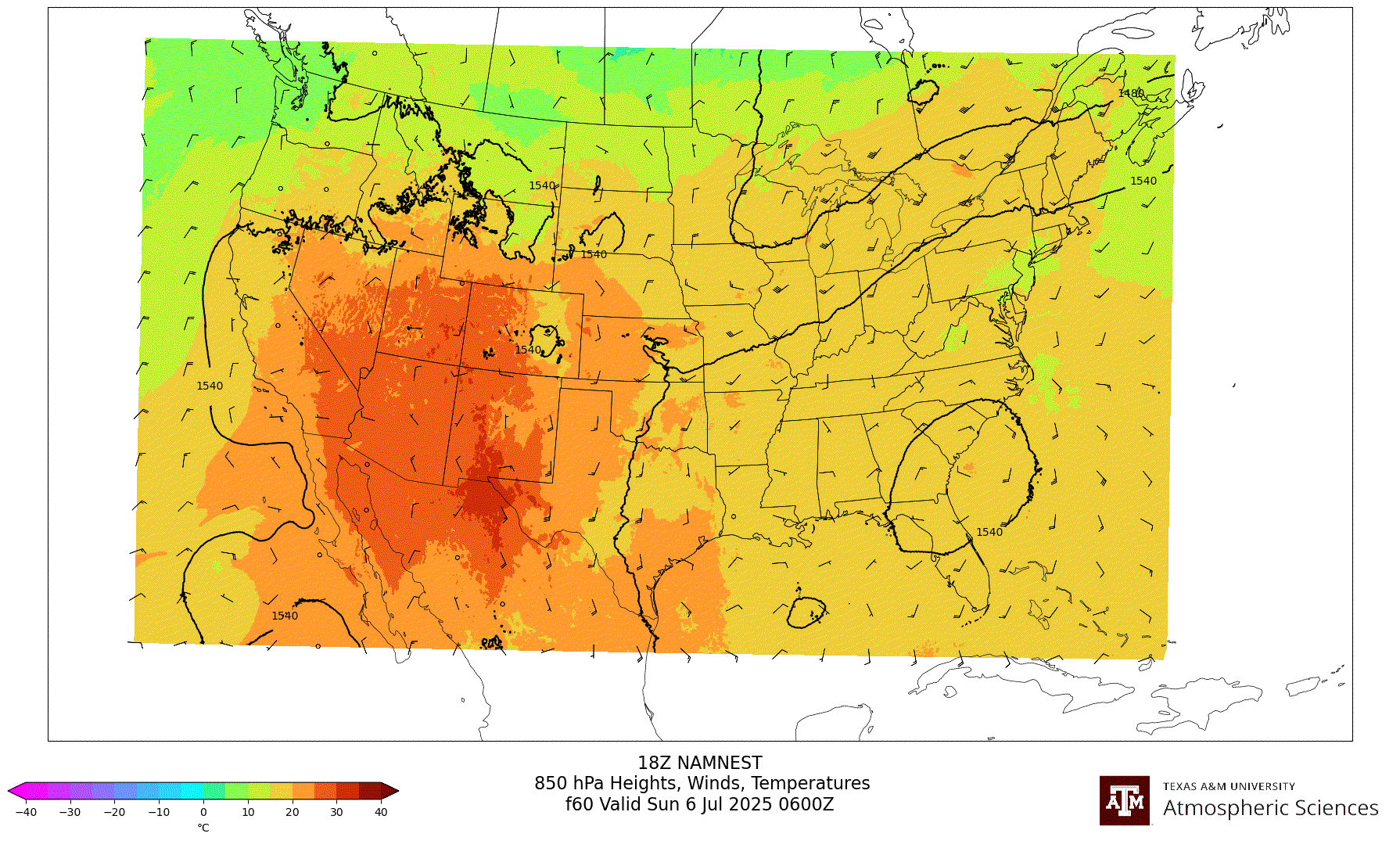 NAM NEST 850 hPa Heights, Winds, Temperatures