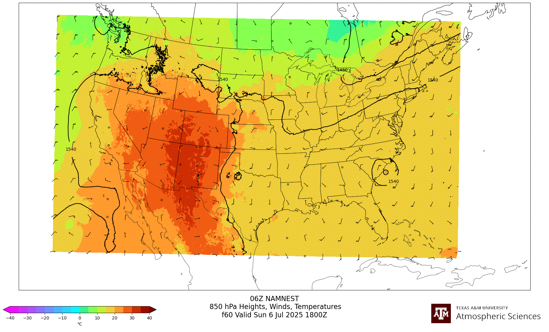 NAM NEST 850 hPa Heights, Winds, Temperatures