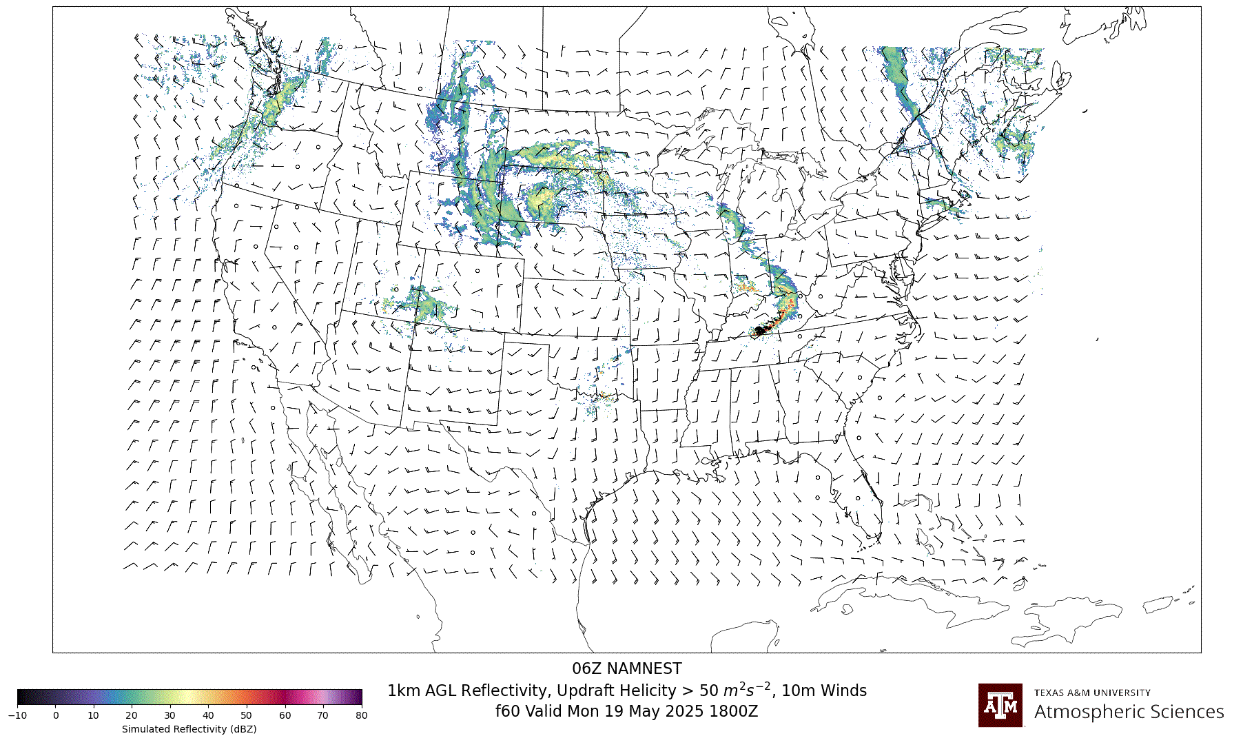 NAM NEST Simulated 1km AGL Reflectivity