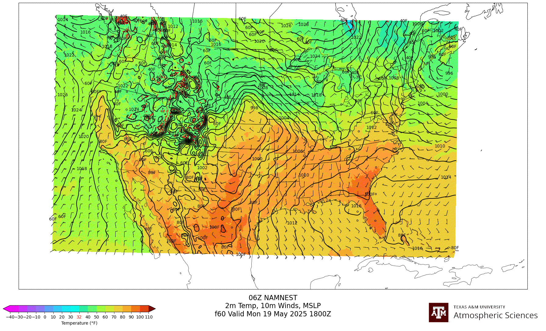 NAM NEST 2m Temperature, 10m winds, surface MSLP
