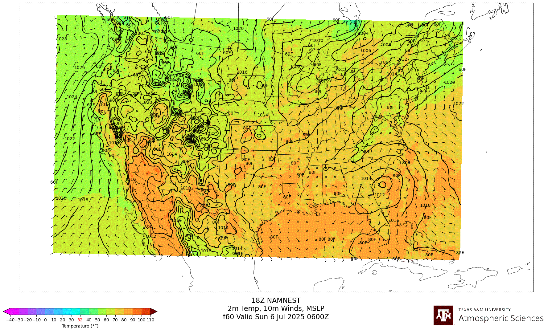 NAM NEST 2m Temperature, 10m winds, surface MSLP