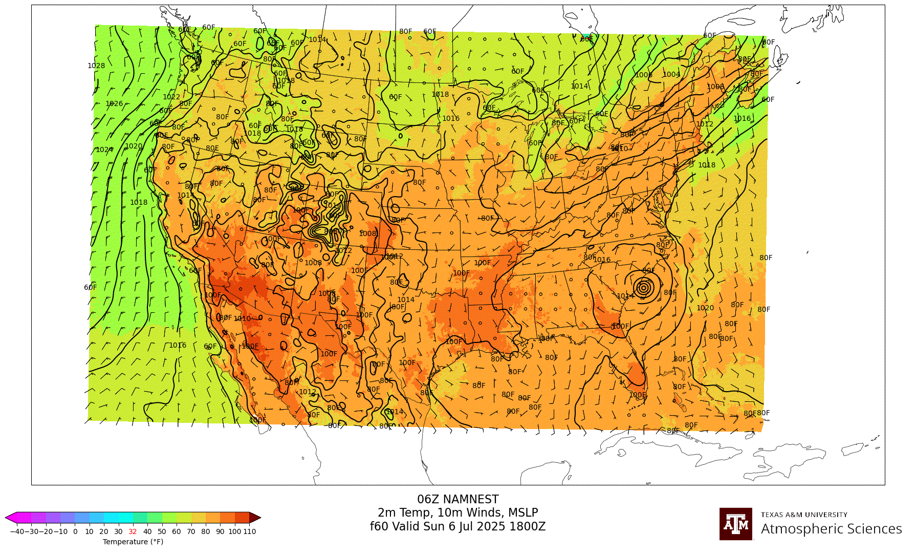 NAM NEST 2m Temperature, 10m winds, surface MSLP